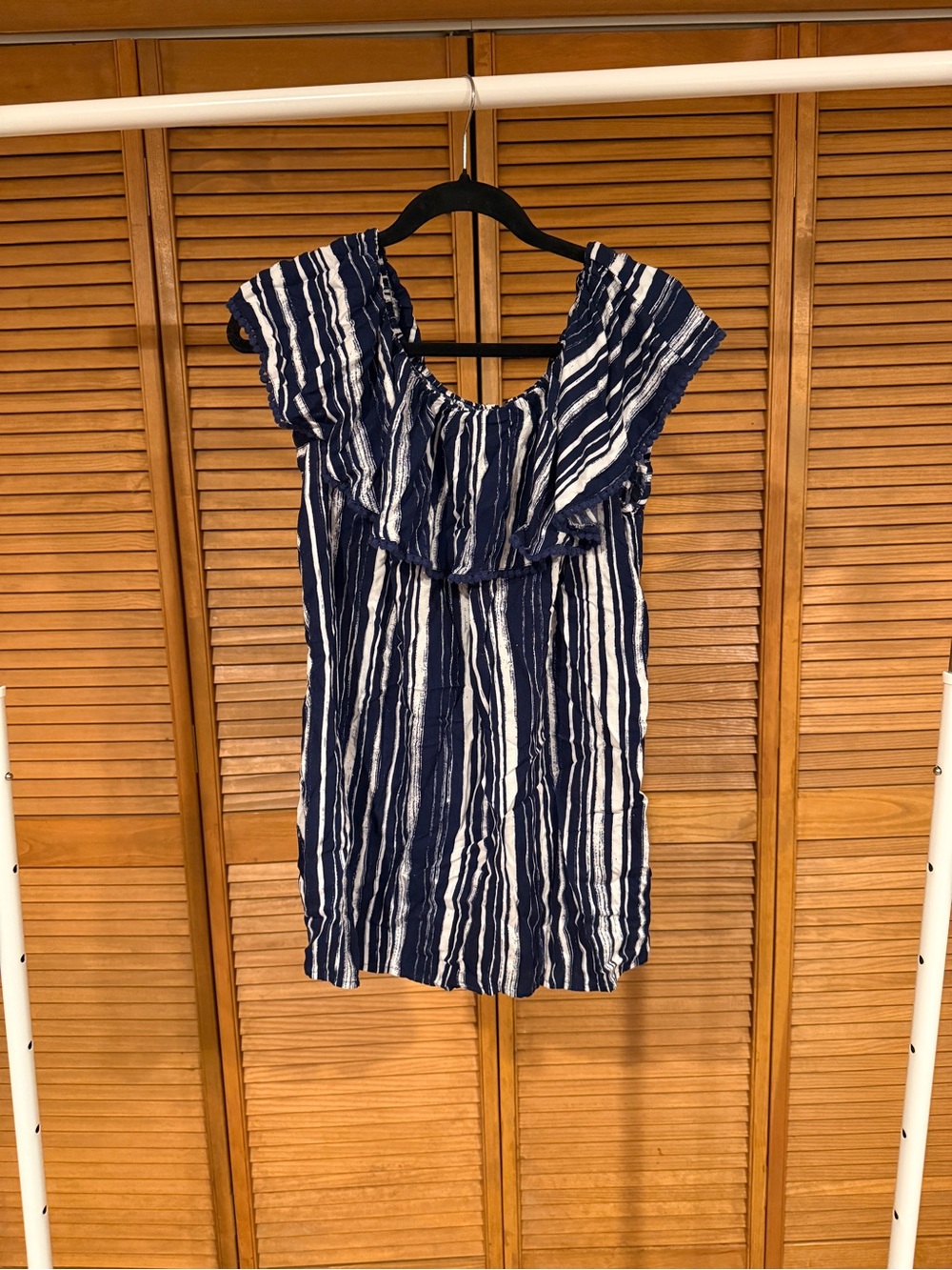 Faded Glory Blue White Striped Rayon Ruffle Neck Tunic Top Blouse Large coastal